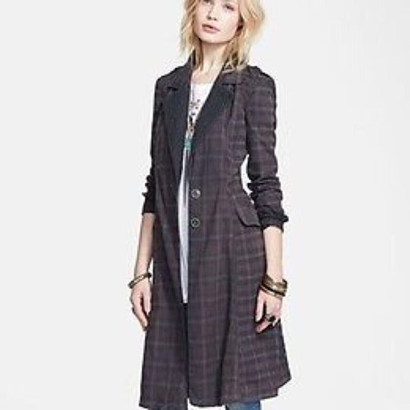Free People Black Plaid Long Coat - Picture 4 of 10